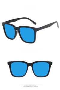 Front and side views of square sunglasses with black frames and blue mirrored lenses