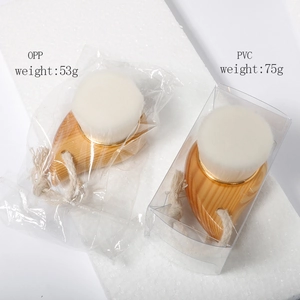 Wooden facial cleansing brushes in OPP and PVC packaging with weight information