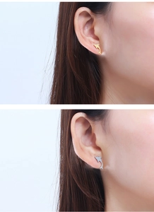 Detail view of dolphin stud earrings in gold and silver finish worn by a model