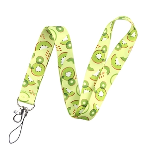 Green kiwi pattern phone lanyard with metal hook and loop on a clean white background