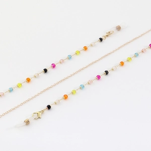 Handmade colorful crystal beaded glasses chain with gold alloy link and rubber loops