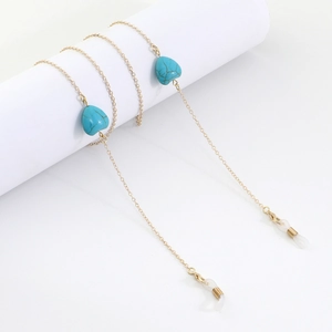 Goldene Brillenkette mit blauen Türkis-Herzperlen und sicheren Silikonschlaufen