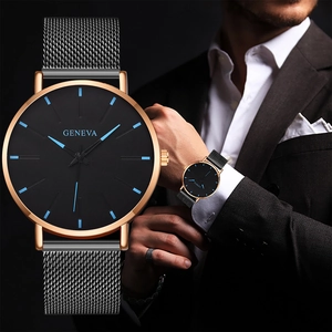Detail of a Geneva men's watch with black mesh strap and blue markers in a business setting