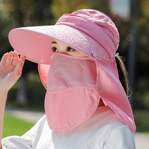 Women's pink sun hat with detachable face mask and neck flap for UV protection