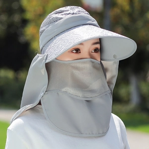 Grey sun hat for women with detachable face mask and neck protection lace design