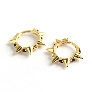 925 sterling silver punk style spike earrings with gold plating and black crystals