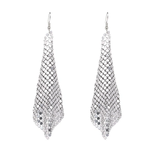 Fashion long silver metal sequin tassel earrings with geometric square mesh design