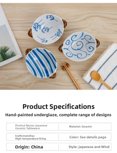 Detailed view of Japanese ceramic snack bowls with dual handles and hand-painted patterns