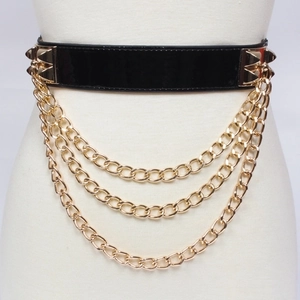 Women Wide Corset Belt Elastic Faux Leather Punk Rivets Triple Layer Gold Metal Chains Fashion Waist Cinch For Dresses