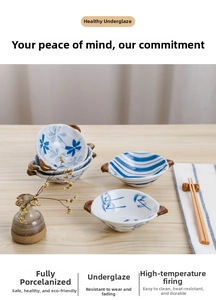 Detail of hand-painted underglaze ceramic bowls with heat-resistant handles for appetizers