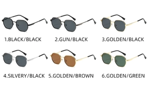 Detail view of hexagonal metal sunglasses in six classic color combinations and metal temples
