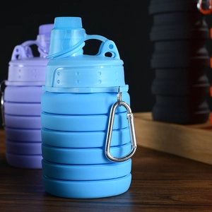 Blue, purple, and black collapsible silicone sports water bottles with metal carabiners