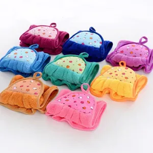 Hanging coral fleece kitchen hand towels with cartoon apple design in 8 vibrant colors