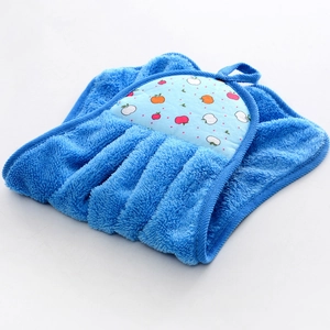 Blue coral velvet hanging hand towel with cute cartoon apple pattern and soft texture