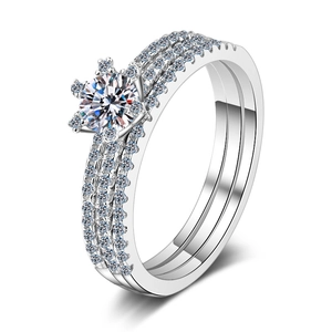 Three-in-one 925 silver moissanite ring set with six-prong solitaire and stackable bands