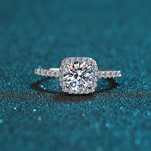 925 silver moissanite halo ring with round center stone and pavé accents on blue background