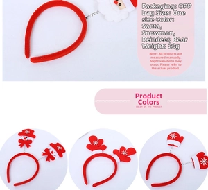 Detailed view of Christmas headbands featuring Santa, snowman, and reindeer antler styles