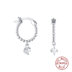 S925 sterling silver hoop earrings with clear crystal pendant and beaded texture