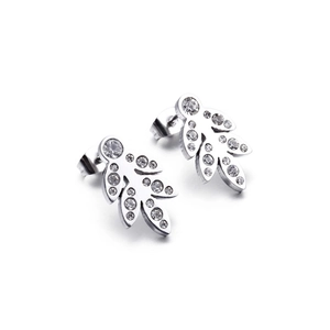 Silver leaf stud earrings with sparkling rhinestones in a sleek titanium steel finish