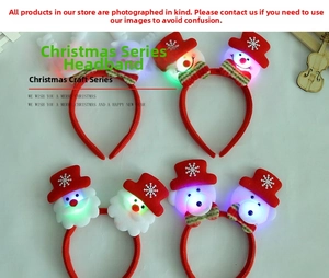 Macro detail of four glowing LED Christmas headbands with Santa and snowman ornaments