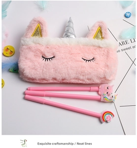 Pink plush unicorn pencil case with golden sequin ears and cute stationery accessories