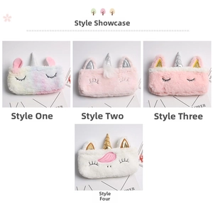 Detailed comparison of four plush unicorn pencil cases in rainbow and pastel colors