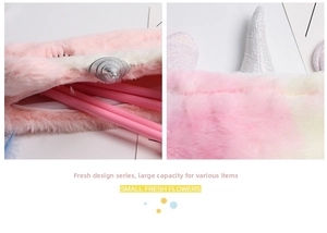 Detail of plush unicorn pencil case with large capacity and smooth zipper closure