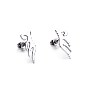 Polished silver stainless steel angel wing stud earrings for women on a white background