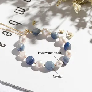 Handmade freshwater pearl and blue aventurine crystal beaded bracelet with gold clasp