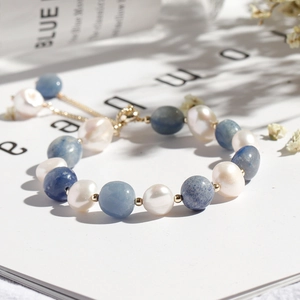 Elegant blue aventurine and freshwater pearl beaded bracelet with gold metal clasp extension