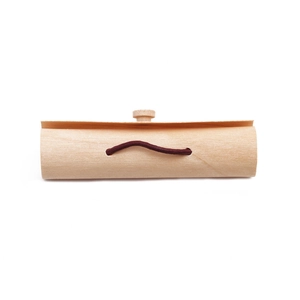 Minimalist cylindrical wooden jewelry gift box with a round lid and elastic strap closure