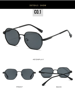 Multi-angle view of black octagonal metal sunglasses with sleek grey polarized lenses