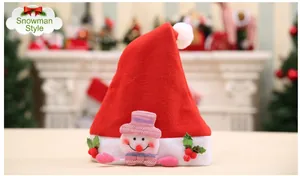 Detail of red velvet Christmas hat featuring a 3D snowman with holly berry decorations