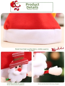 Close-up of red plush Christmas hat with flexible 3D Santa Claus and soft brim details