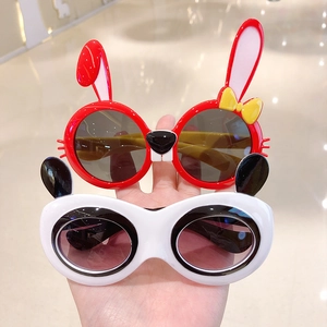 Cute cartoon kids sunglasses with bunny and panda designs in red and white finishes