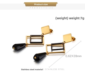 Detail view of geometric titanium drop earrings with dimensions and material specs