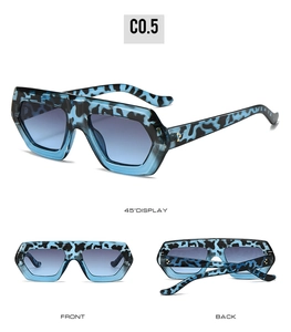 Irregular large frame sunglasses with blue-black leopard pattern and gradient lenses