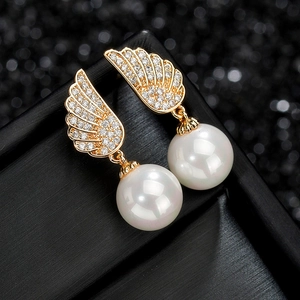 Elegant S925 silver pearl earrings with gold angel wings and AAA zircon stones