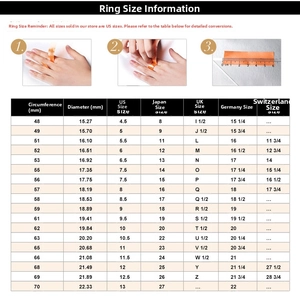 Detailed international size chart for zircon rings with measurement steps for US and EU sizes