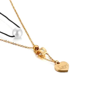 Double Layer Necklace Stainless Steel Plastic Artificial Pearl Heart Love Engraved Number Pendant Fashion Jewelry For Women