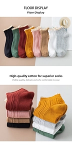 Detailed macro view of eight-color cotton socks set with elegant white lace ruffled cuffs