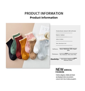 Detail of eight assorted colors of cotton socks with delicate lace trim edges