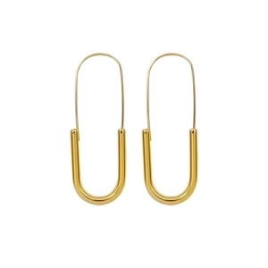 Polished 18K gold plated stainless steel long safety pin drop earrings for women