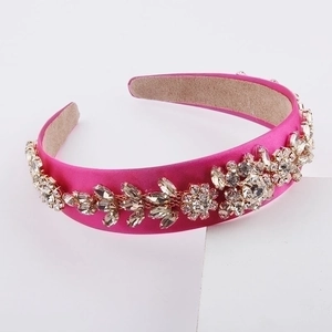 Baroque magenta silk headband with champagne crystal floral clusters and non-slip lining