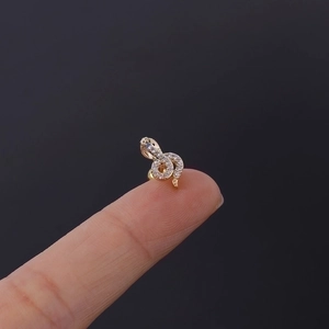 16G Gold snake cartilage earring with cubic zirconia studs and screw back design