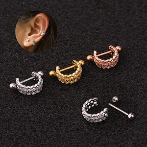 U Shaped Ear Cartilage Stud Earrings Stainless Steel Zircon Inlaid Screw Ball Back Unique Piercing Jewelry For Women
