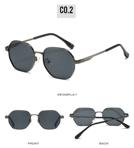 Detailed views of square metal sunglasses featuring gunmetal frames and gray lenses