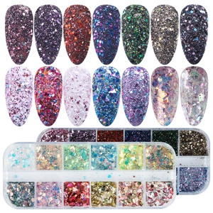 12-grid nail art glitter set featuring assorted colors and flakes with sample nail tips