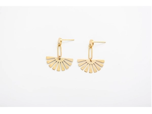 Detail of 18K gold-plated stainless steel earrings with fan-shaped cutout drop design