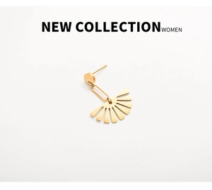 Detailed close-up of a fan-shaped 18K gold plated stainless steel earring for women